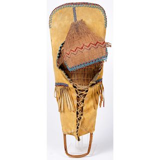 Paiute Beaded Hide Cradle with Basketry Visor, Deaccessioned From the Hopewell Museum, Hopewell, NJ