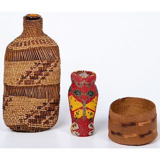 Northern California Basket, Tlingit Basket, and Paiute Beaded Bottle, Deaccessioned From the Hopewell Museum, Hopewell, NJ