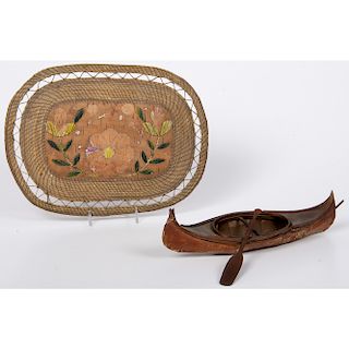 Great Lakes Birchbark Canoe and Quilled Tray, Deaccessioned From the Hopewell Museum, Hopewell, NJ