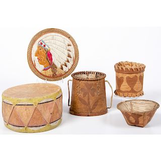 Collection of Northeastern Birchbark Boxes, Quilled Birchbark Plaque, and Hide Drum