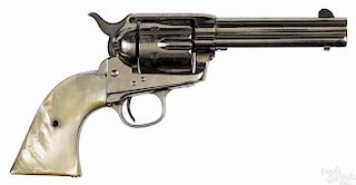 Colt single action Army revolver, .38 caliber WCF, with a nickel finish, mother-of-pearl grips