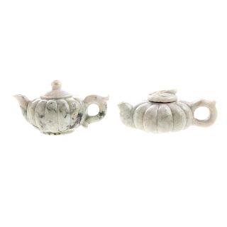 Two Chinese Carved Green and Lavender Jade Teapots