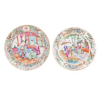 Two Chinese Export Rose Mandarin Plates
