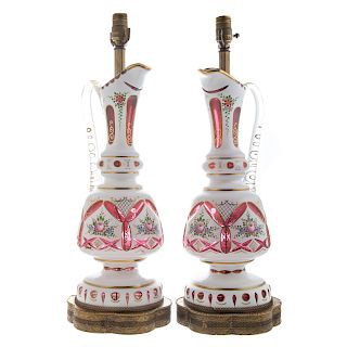 Pair Continental Cased Glass Ewer Lamps
