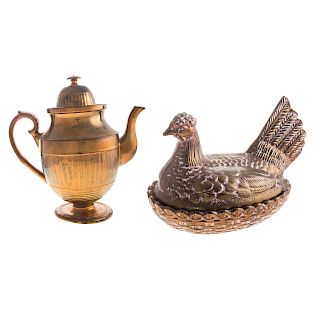 English Copper Lustre Hen On Nest & Coffee Pot