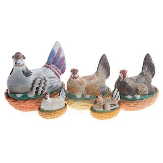 Five Staffordshire Pottery Hens on Nests