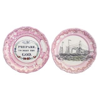 Two English Pink Lustre Circular Plaques