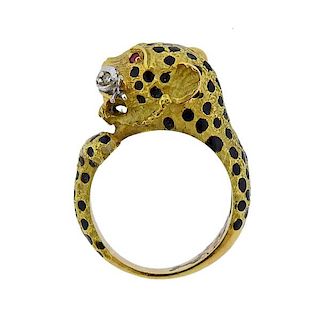 18K Gold Diamond Ruby Enamel Leopard Ring