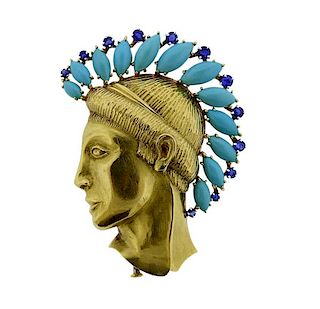 18K Gold Platinum Turquoise Sapphire Roman Soldier Brooch