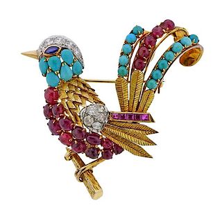 14K Gold Diamond Ruby Turquoise Bird Brooch