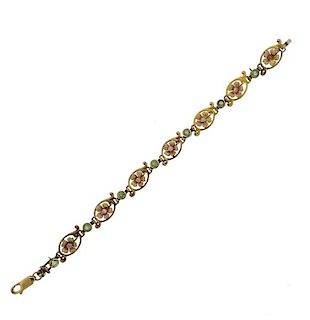 Art Nouveau  14K Gold Pearl Enamel Green Stone Bracelet 