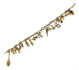 14k Gold Enamel Pearl Multi Charm Bracelet 