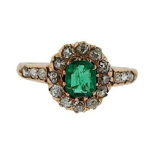 Antique 14k Gold Diamond Emerald Ring 