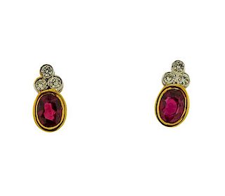 18k Gold Diamond Ruby Stud Earrings 