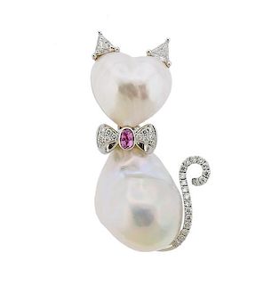 18k Gold Diamond Pearl Pink Sapphire Cat Pendant
