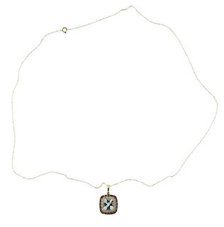14K Gold Diamond Aquamarine Pendant Necklace