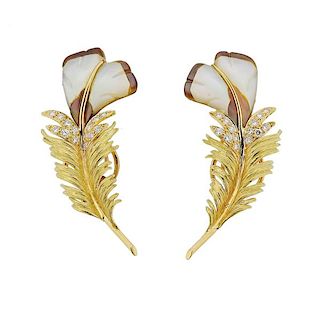 Chaumet Paris 18K Gold Diamond Feather Earrings