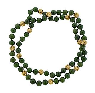 14k Gold Nephrite Jade Bead Necklace 