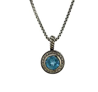 David Yurman Silver Diamond Blue Topaz Pendant Necklace 