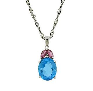 14k Gold Blue Pink Gemstone Diamond Pendant Necklace 