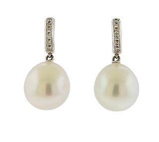 18K Gold Diamond South Sea Pearl Drop Earrings