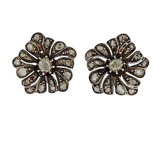 Antique 18K Gold Silver Rose Cut Diamond Flower Earrings