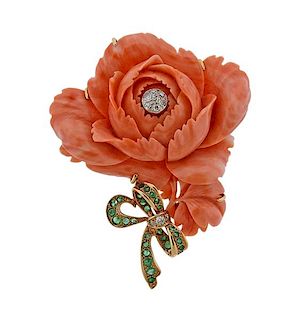 14K Gold Diamond Green Stone Carved Coral Flower Brooch Pin