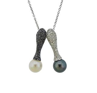 18K Gold White Black Diamond Pearl Two Pendant Necklace