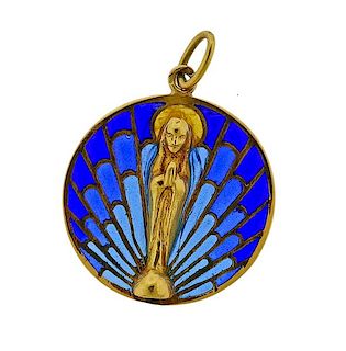 French Plique A Jour 18K Gold Blessed Mother Pendant