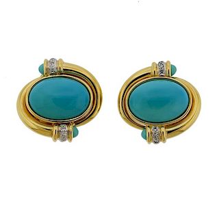 18K Gold Diamond Turquoise Earrings