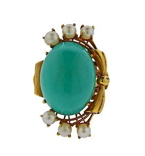 14K Gold Pearl Turquoise Ring