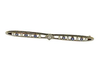 Art Deco 14K Gold Diamond Blue Stone Pearl Bar Brooch