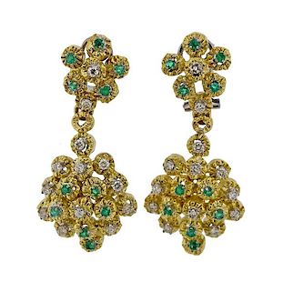 18K Gold Diamond Emerald Flower Drop Earrings