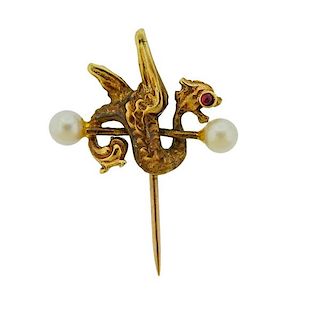 14K Gold Pearl Dragon Tie Stick Pin