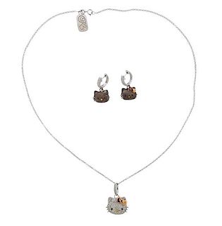 Sanrio Hello Kitty 18K Gold Silver Diamond Necklace Earrings Set