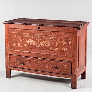 Red-painted and Paint-decorated Joined Chest over Drawer