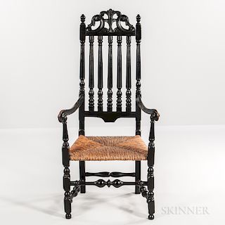 Black-painted Carved Prince of Wales-crested Armchair