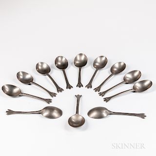 Set of Twelve Wavy-end Pewter Spoons