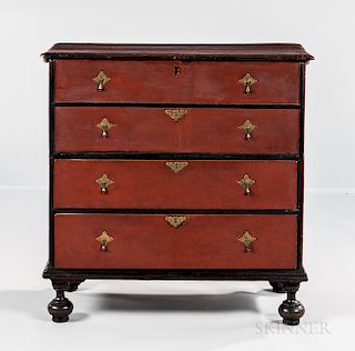 Red- and Black-painted Ball-foot Chest over Drawers