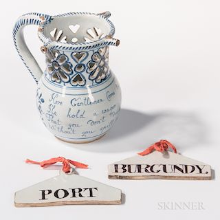 Liverpool Tin-glazed Earthenware Puzzle Jug and Two Bin Labels