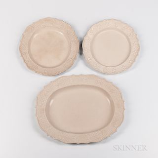 Three Staffordshire Press-molded Salt-glazed Stoneware Plates