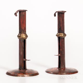 Two Red-painted Brass-banded Iron Hogscraper Candlesticks