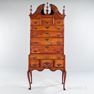 Carved Tiger Maple Scroll-top High Chest of Drawers