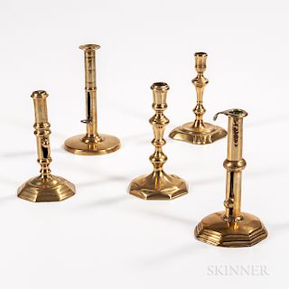 Five 18th Century English Brass Candlesticks