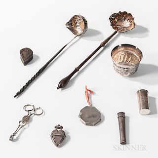 Eight Silver English Table/Personal Items and a Tin Nutmeg Grater