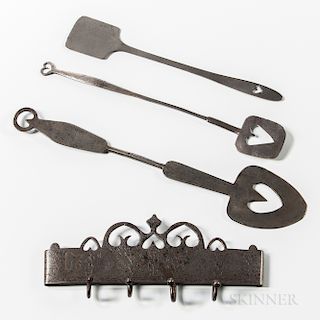 Wrought Iron Hearth Tool Rack and Three Spatulas