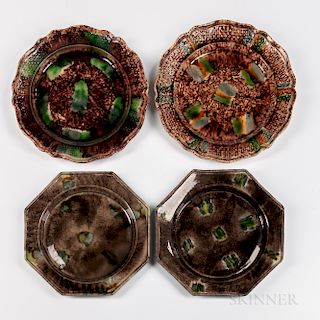 Four Staffordshire Press-molded Tortoiseshell-glazed Earthenware Plates
