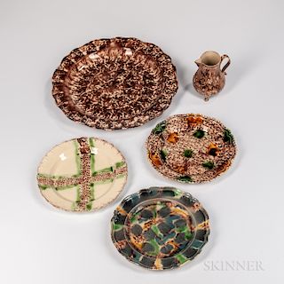 Five Staffordshire Tortoiseshell-glazed Earthenware Table Items