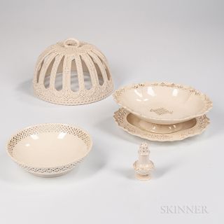 Four Reticulated Staffordshire Press-molded Creamware Table Items