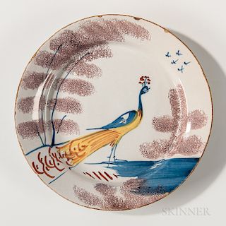 English Tin-glazed Earthenware Peacock-decorated Plate